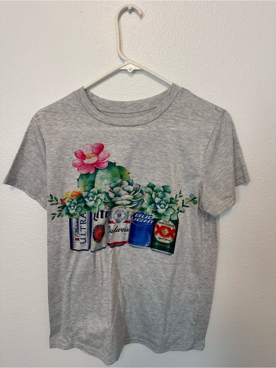 Tops - Gray Graphic Tee with Beer Can Succulent Design